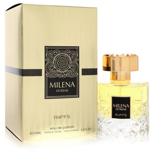 Riiffs Milena Extreme 3.4 oz EDP. Dazzling gold box and sophisticated glass bottle with diamond-cut base and regal gold cap.