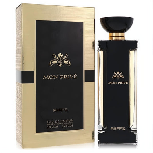 Luxurious Riiffs Mon Prive unisex Eau De Parfum, 3.4 oz. Sleek black glass bottle with gold accents and matching elegant gold box.