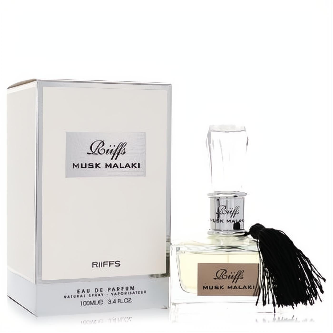 Sophisticated Riiffs Musk Malaki 3.4 oz unisex EDP. Clear glass bottle with elegant black tassel, displayed with its sleek white and silver box.