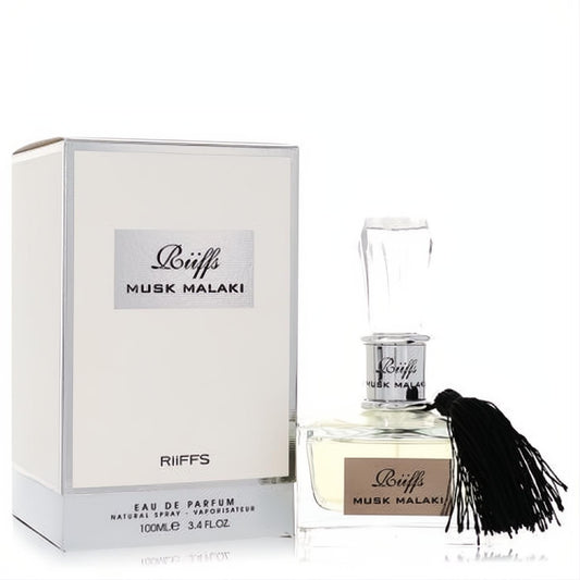 Sophisticated Riiffs Musk Malaki 3.4 oz unisex EDP. Clear glass bottle with elegant black tassel, displayed with its sleek white and silver box.