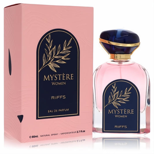 Riiffs Mystere women's 2.7 oz Eau De Parfum. Elegant clear bottle with pink fragrance, gold accents, unique blue cap, and matching pink box.