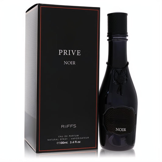 Riiffs Prive Noir 3.4 oz men's Eau de Parfum. Sleek black glass bottle with embossed 'Noir' detail and elegant matching box.