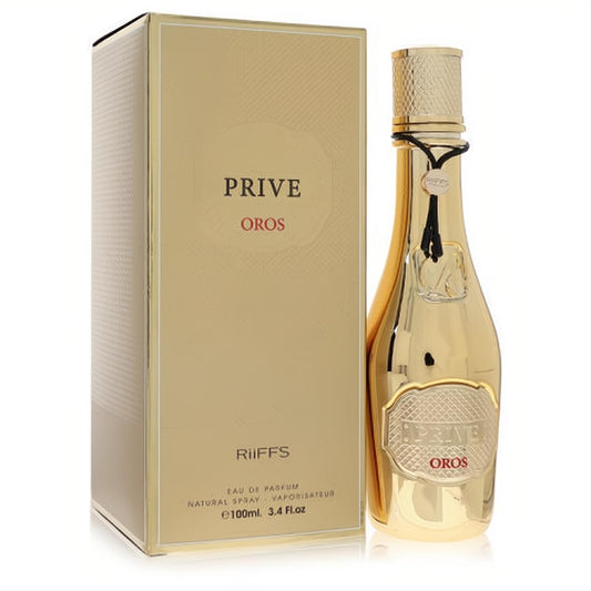 Luxurious gold Riiffs Prive Oros 3.4 oz Eau De Parfum spray bottle with textured cap and elegant matching box.