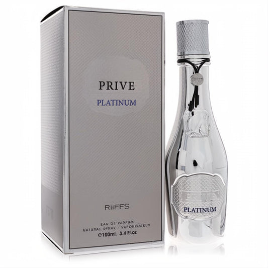 Bold Riiffs Prive Platinum 3.4 oz Eau De Parfum spray. Features a sleek silver bottle with a ribbed cap and matching textured box.