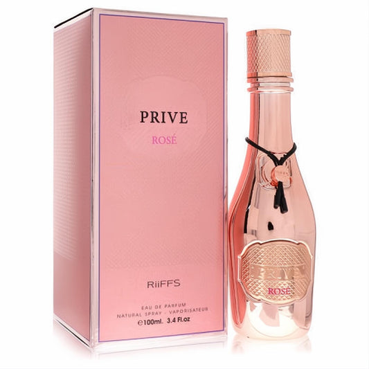 Captivating Riiffs Prive Rose 3.4 oz women's perfume in a sleek rose gold bottle with an embossed label and matching box.