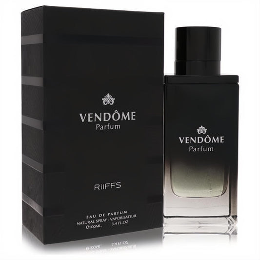 Elevate your scent with Riiffs Vendome 3.4 oz Eau De Parfum. Sleek black bottle, clear green base, elegant box.
