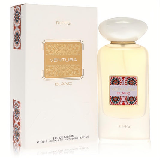 Riiffs Ventura Blanc 3.4 oz Eau De Parfum. Elegant white bottle and box with intricate gold and colorful patterns.