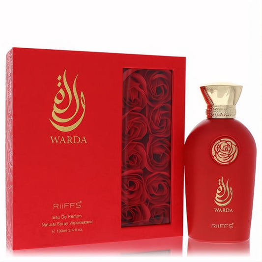 Elegant Riiffs Warda 3.4 oz women's perfume. Matte red bottle with gold cap, presented in a luxurious red box with rose details.