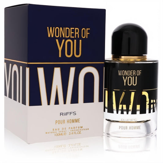 Experience Riiffs Wonder Of You 3.4 oz men's EDP. Striking black bottle with gold details, alongside its elegant blue and cream box.