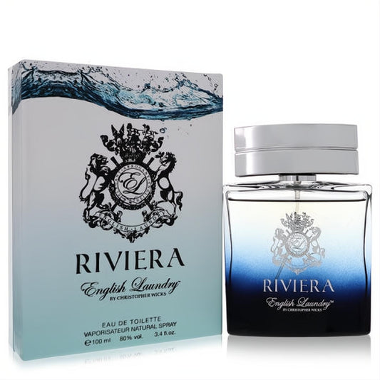 Riviera English Laundry 3.4 oz EDT spray. Sleek glass bottle with refreshing blue gradient and silver cap, presented with its matching box.