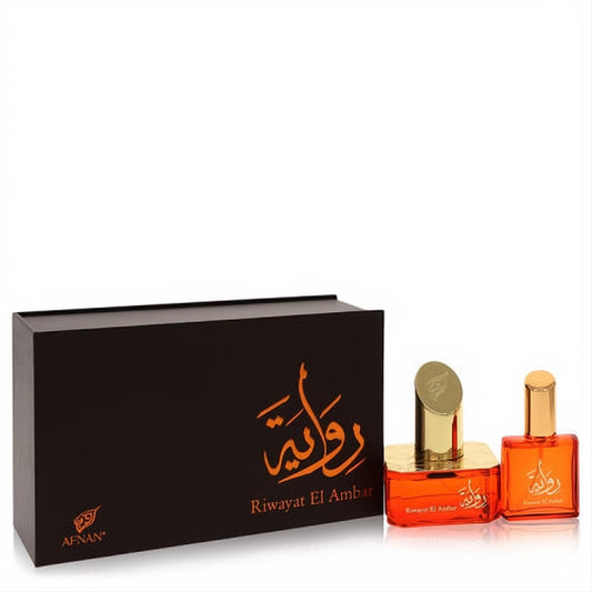 Captivating Riwayat El Ambar 1.7 oz amber EDP with gold cap, matching travel spray, and elegant black Afnan gift box.