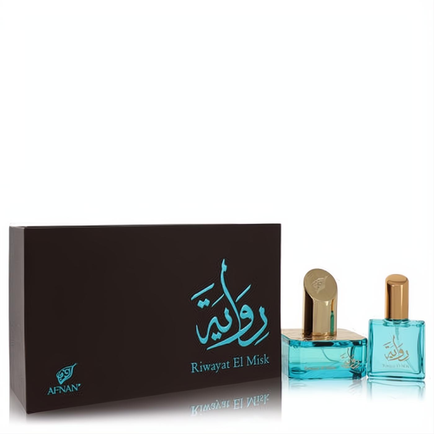 Stunning Afnan Riwayat El Misk 1.7 oz EDP & .67 oz travel spray set. Dark box, blue calligraphy, clear blue bottles with gold caps.