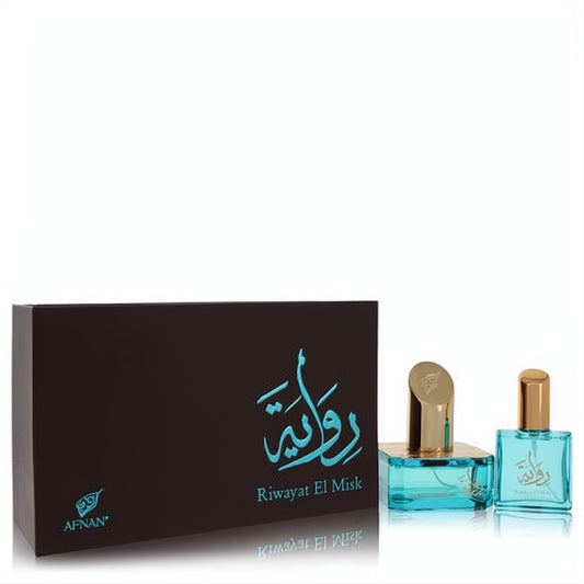 Stunning Afnan Riwayat El Misk 1.7 oz EDP & .67 oz travel spray set. Dark box, blue calligraphy, clear blue bottles with gold caps.