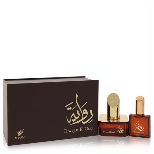 Riwayat El Oud by Afnan EDP set: elegant brown box, 1.7 oz amber glass spray, plus free .67 oz travel bottle.