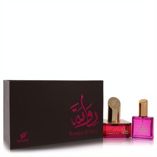 Elegant Afnan Riwayat El Ta'if perfume gift set: dark brown box, vibrant pink 1.7 oz EDP and .67 oz travel spray with gold caps.