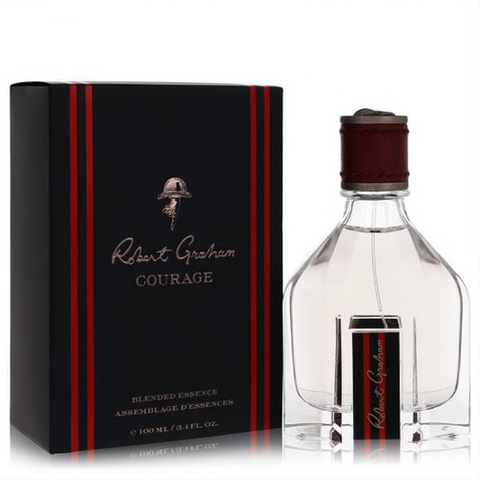 Robert Graham Courage Blended Essence 3.4 oz men's cologne. Clear bottle, textured maroon cap, and sleek black box.