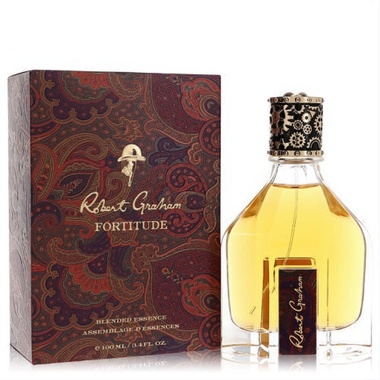 Robert Graham Fortitude 3.4 oz men's cologne. Distinctive clear bottle with amber liquid, ornate gear cap, and luxurious paisley box.