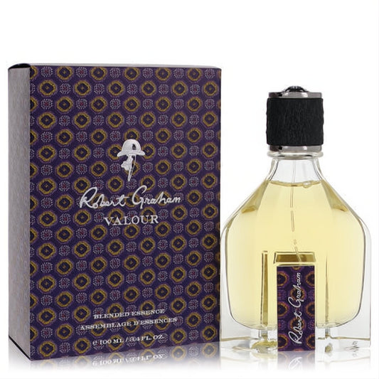 Sophisticated Robert Graham Valour 3.4 oz men's cologne. Clear glass bottle, black cap, and luxurious purple-gold patterned box.