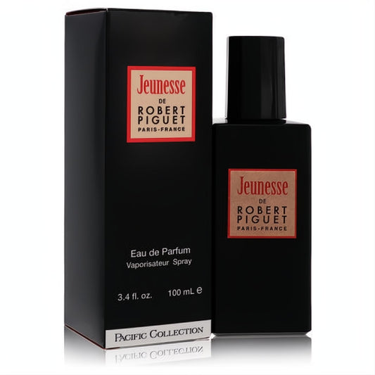 Robert Piguet Jeunesse 3.4 oz women's Eau de Parfum. Elegant black bottle & box, bold red-orange label.