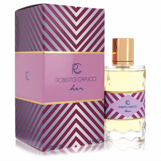 Roberto Capucci her 3.4 oz women's EDP. Clear glass bottle with gold cap, beside its vibrant pink & silver striped box.