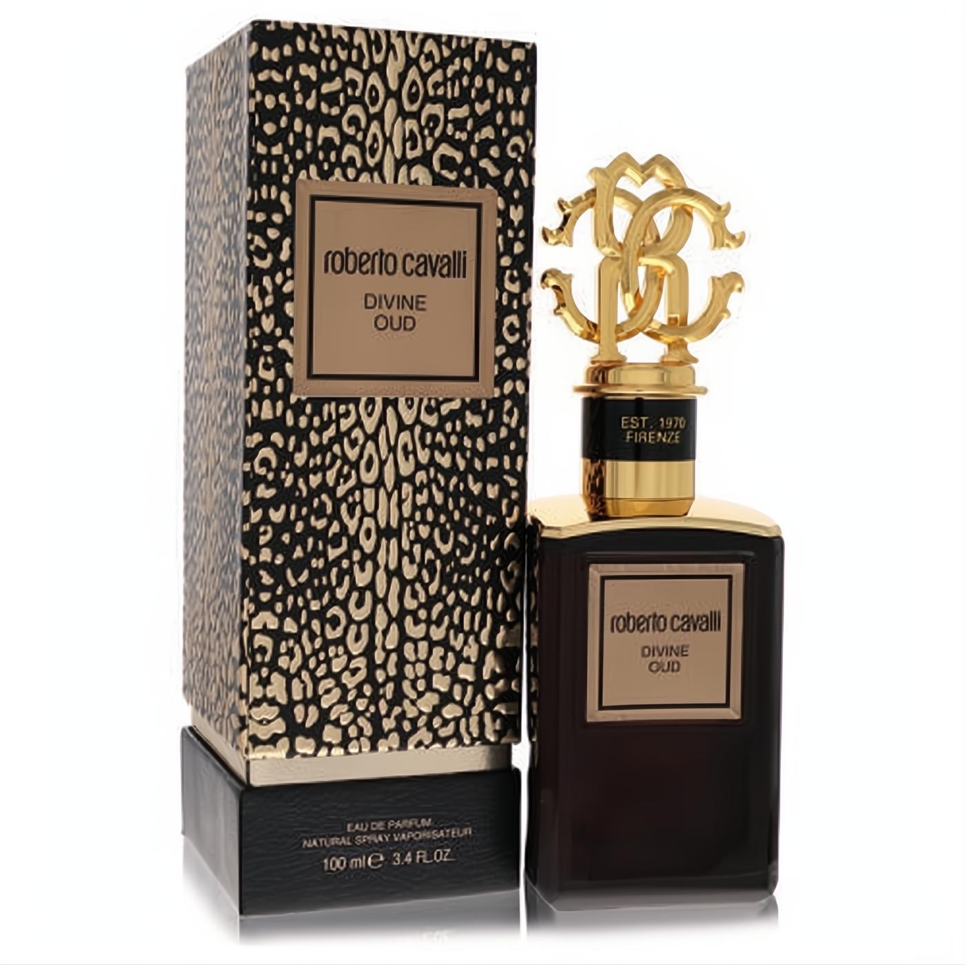 Roberto Cavalli Divine Oud 3.4 oz EDP. Elegant dark bottle, striking gold RC logo cap, and luxurious leopard print box.