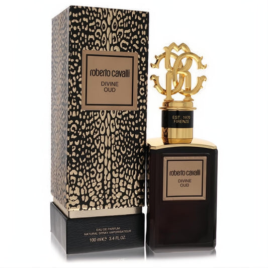 Roberto Cavalli Divine Oud 3.4 oz EDP. Elegant dark bottle, striking gold RC logo cap, and luxurious leopard print box.