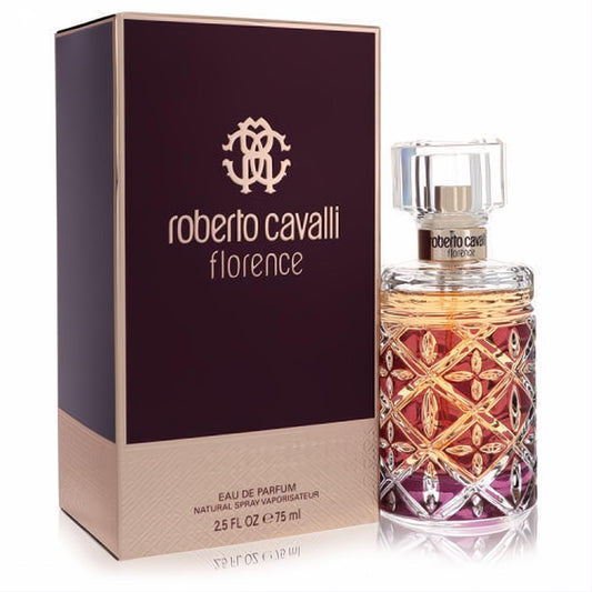 Roberto Cavalli Florence 2.5 oz EDP. Luxurious faceted glass bottle with vibrant orange-purple gradient, paired with its elegant plum and gold box.