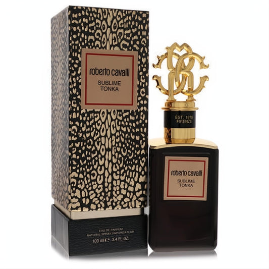 Roberto Cavalli Gold Sublime Tonka 3.4 oz EDP. Rich dark bottle, iconic gold RC cap, elegant leopard print box.
