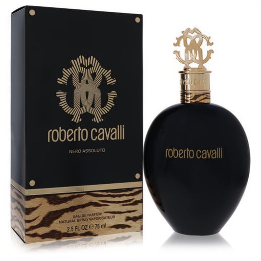 Discover Roberto Cavalli Nero Assoluto 2.5 oz EDP. Bold black bottle with iconic gold logo cap, paired with a chic tiger-print box.
