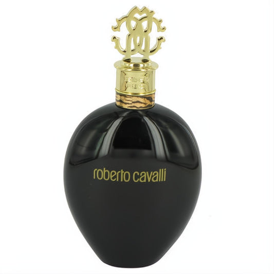 Luxurious Roberto Cavalli Nero Assoluto Eau De Parfum. Sleek black bottle, gold RC logo cap, and elegant gold lettering.
