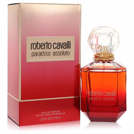 Roberto Cavalli Paradiso Assoluto 2.5 oz perfume. Vibrant red-orange bottle with elegant faceted crystal cap and gold ring, beside its gradient box.