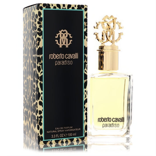 Stunning Roberto Cavalli Paradiso 3.3 oz EDP in a clear bottle with a luxurious gold RC logo cap and exotic leopard print box.