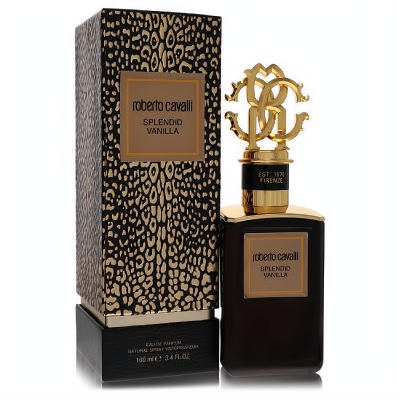 Roberto Cavalli Splendid Vanilla 3.4 oz unisex EDP. Dark bottle, ornate gold RC cap, and luxurious leopard print box.