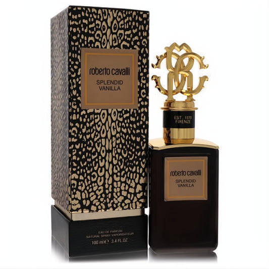 Roberto Cavalli Splendid Vanilla 3.4 oz unisex EDP. Dark bottle, ornate gold RC cap, and luxurious leopard print box.