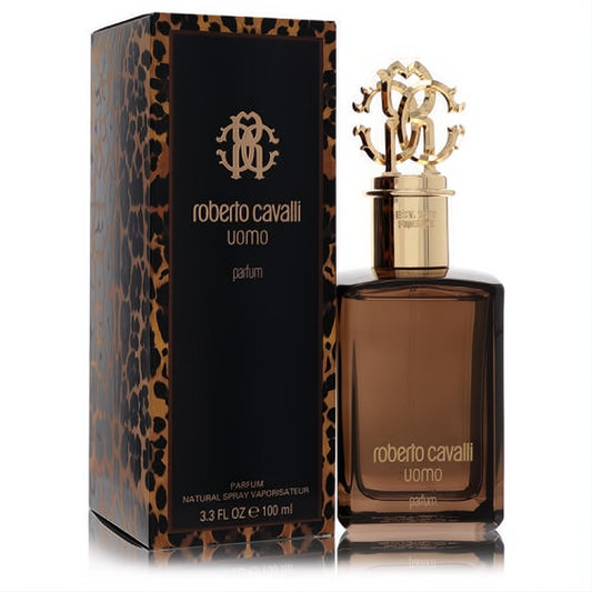 Seductive Roberto Cavalli Uomo 3.3 oz EDP. Dark amber bottle, opulent gold RC logo cap, and exotic leopard print box.