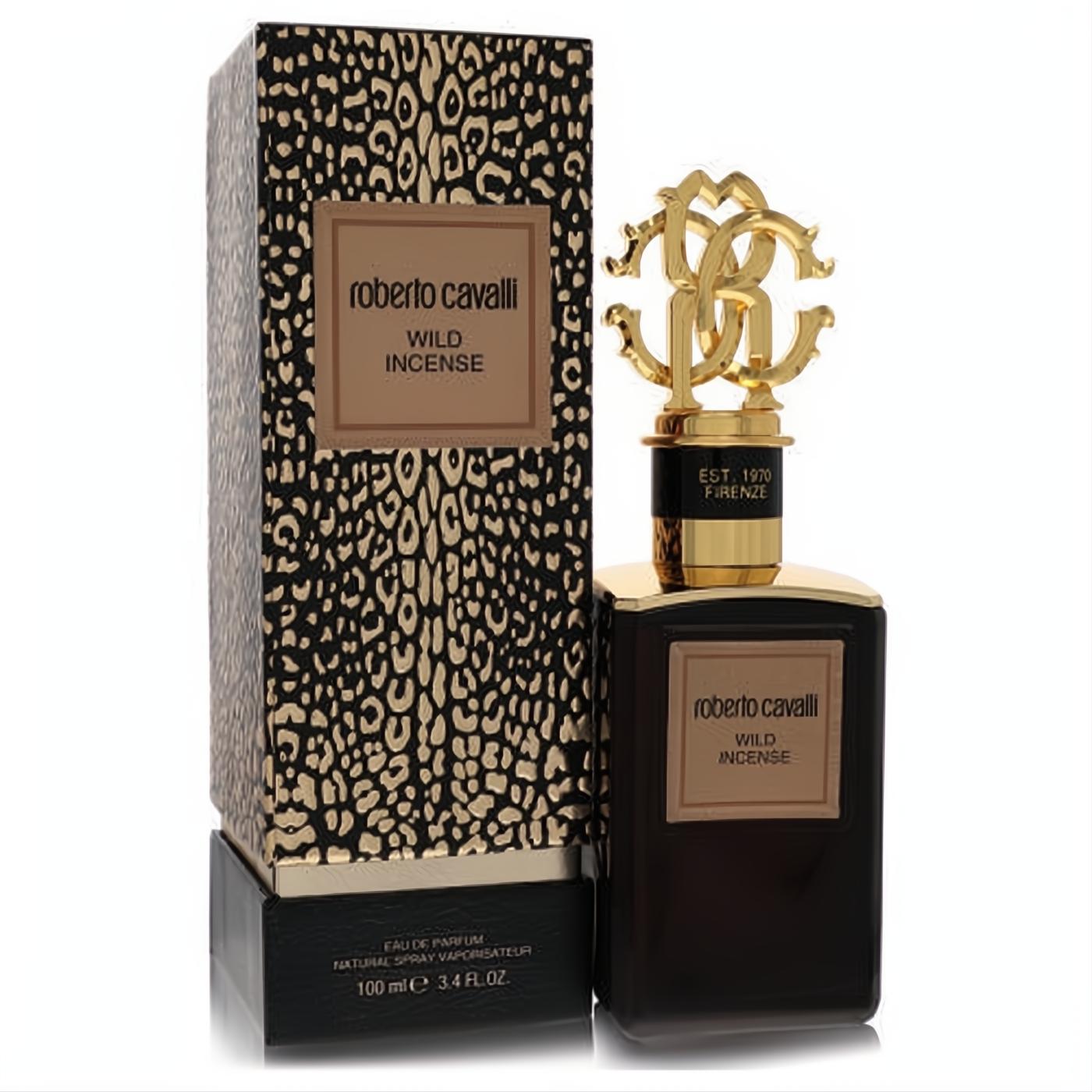 Roberto Cavalli Wild Incense 3.4 oz unisex EDP. Sleek dark bottle, ornate gold RC cap, and bold leopard print box.