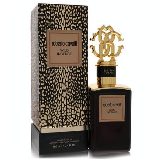 Roberto Cavalli Wild Incense 3.4 oz unisex EDP. Sleek dark bottle, ornate gold RC cap, and bold leopard print box.