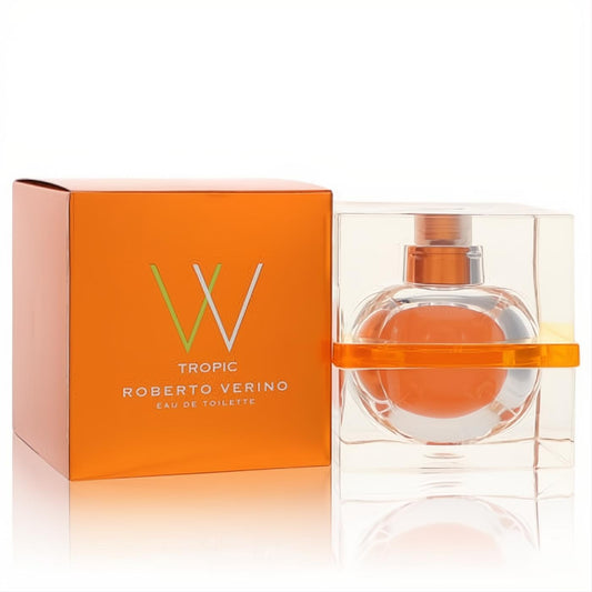 Vibrant Roberto Verino V V Tropic 1.7 oz Eau De Toilette. Clear round bottle with orange liquid and matching bright orange box.
