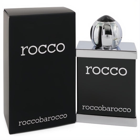 Rocco Black Roccobarocco men's 3.4 oz Eau De Toilette. Modern black bottle with silver trim and distinctive chrome cap.