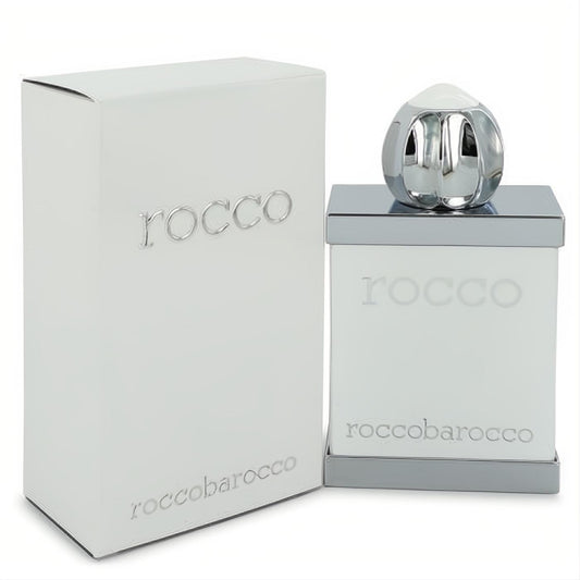 Premium Rocco White men's EDT spray. Elegant frosted white bottle, sleek silver cap, and matching branded box.
