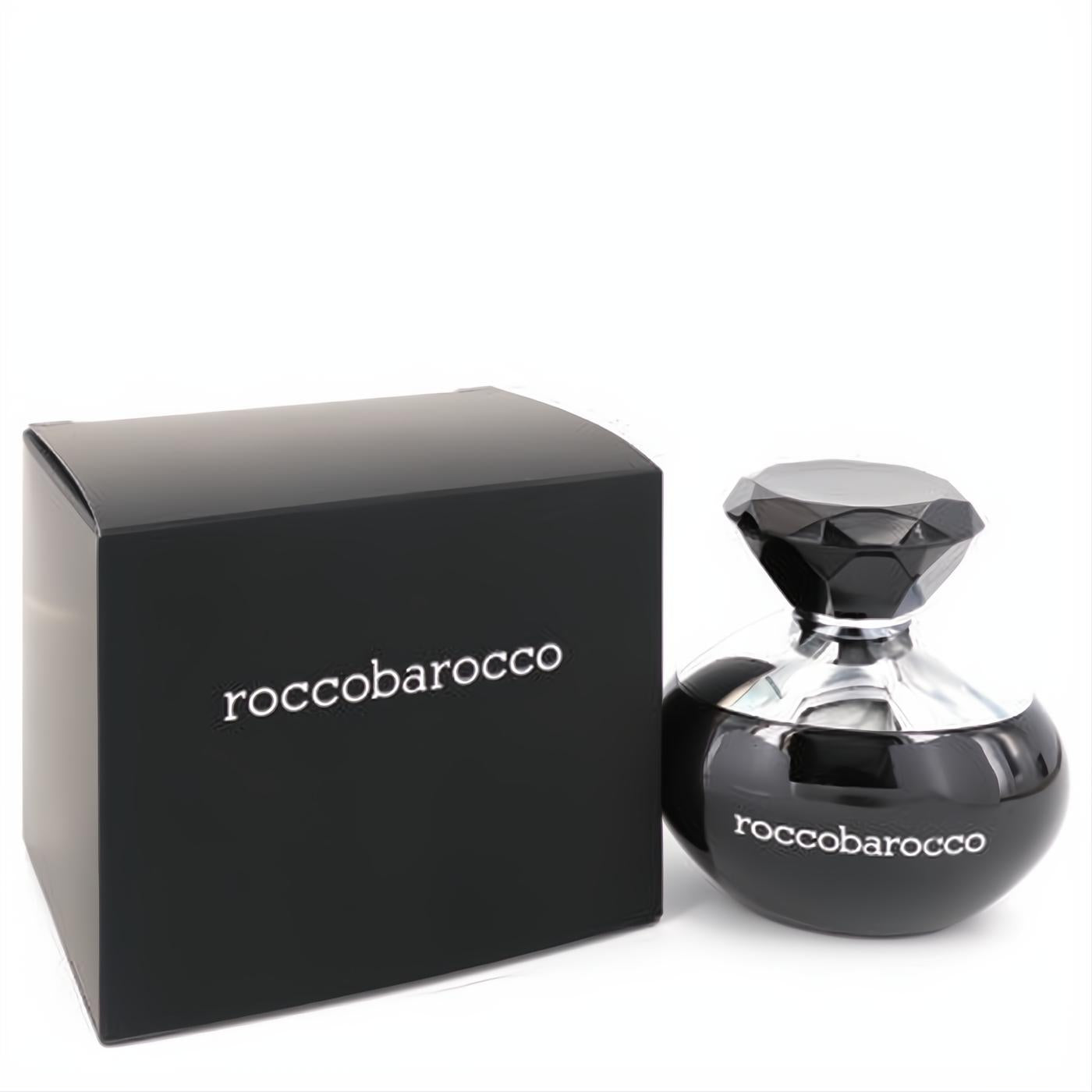 Roccobarocco Black 3.4 oz Eau De Parfum spray in a sleek black bottle with a faceted cap and matching box.