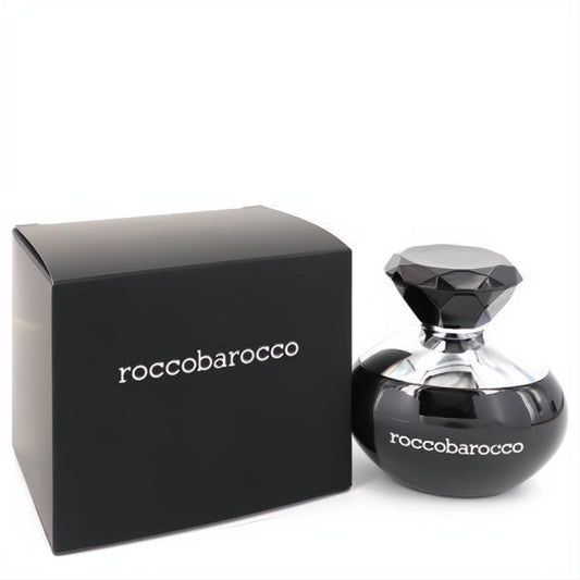 Roccobarocco Black 3.4 oz Eau De Parfum spray in a sleek black bottle with a faceted cap and matching box.
