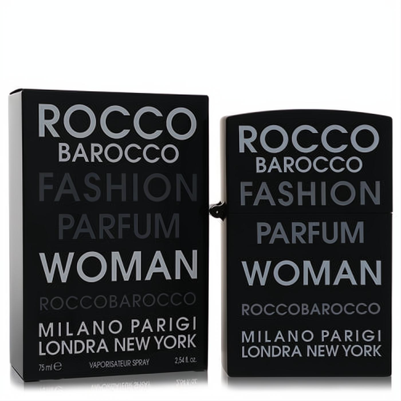 Discover Roccobarocco Fashion 2.54 oz women's EDP. Chic black bottle and matching box with crisp white branding.