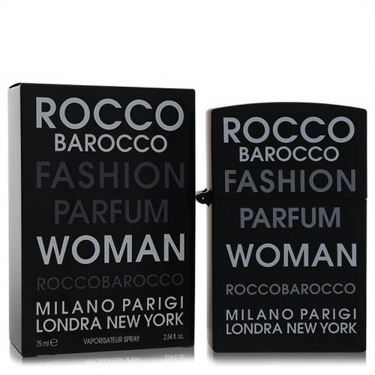 Discover Roccobarocco Fashion 2.54 oz women's EDP. Chic black bottle and matching box with crisp white branding.