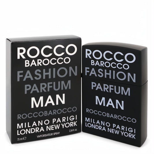 Discover Roccobarocco Fashion Man 2.54 oz Parfum spray. Elegant black bottle and box with crisp white branding.