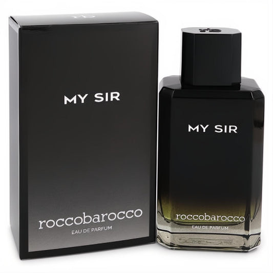 Sophisticated Roccobarocco My Sir men's EDP in a sleek black glass bottle with octagonal cap and matching box.
