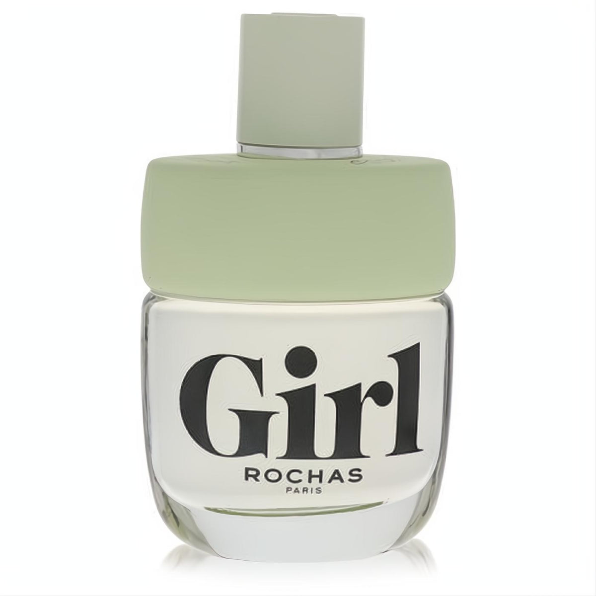 Discover Rochas Girl 3.3 oz Eau De Toilette spray. Modern clear glass bottle with a soft green cap and prominent "Girl" lettering.