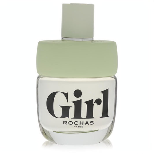 Discover Rochas Girl 3.3 oz Eau De Toilette spray. Modern clear glass bottle with a soft green cap and prominent "Girl" lettering.