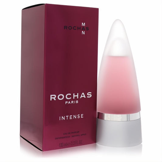 Rochas Man Intense 3.3 oz EDP. Striking frosted pink conical bottle and elegant burgundy box for the modern man.