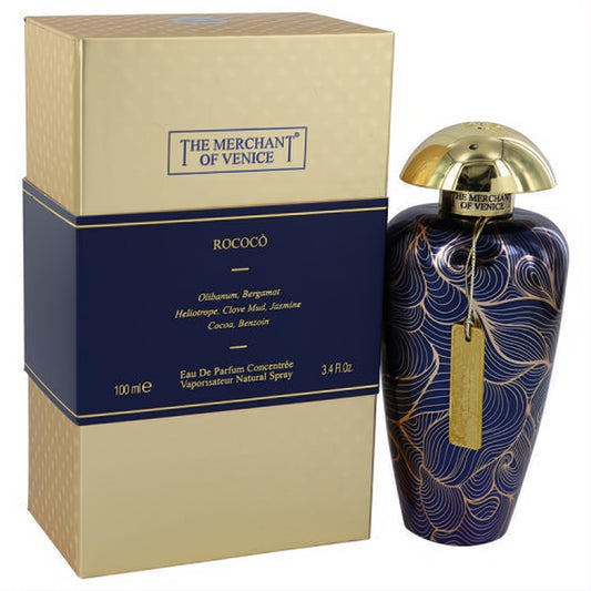 Rococo by The Merchant of Venice perfume: ornate navy and gold bottle with matching box.